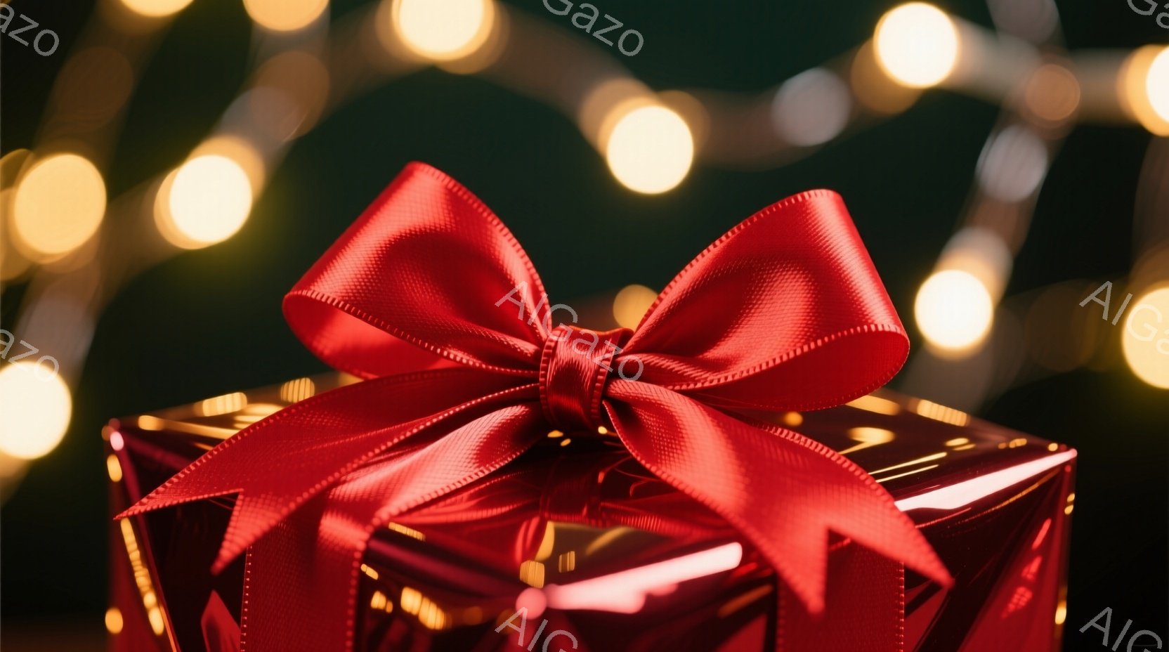 赤色のギフトボックスが画面中央に配置され、鮮やかな赤いリボンで飾られています。背景はぼやけた黄色の光で彩られ、お祝いや特別な機会を暗示しています。全体的に華やかで温かみのある雰囲気で、贈り物を受け取る - AI生成フリー素材