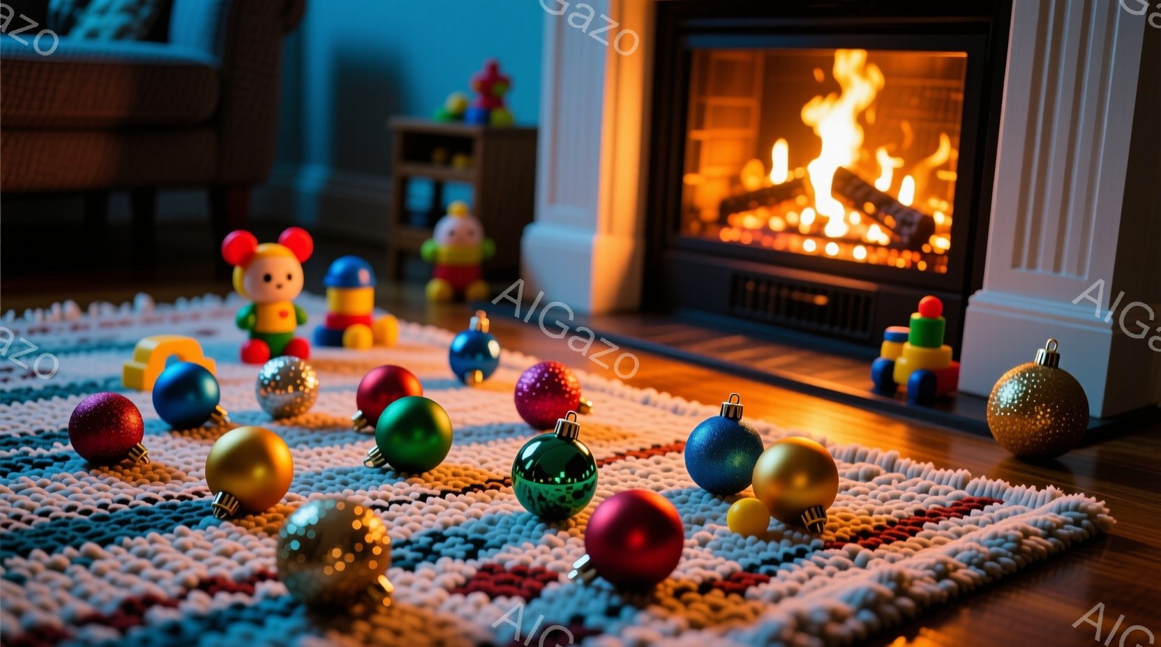 暖炉の前にカラフルなクリスマスオーナメントと子供のおもちゃが散らばる床が広がっている。暖炉の炎はオレンジと赤色で明るく、部屋全体を温かく照らし出している。背景には、白い装飾が施された暖炉と、薄暗い部屋 - AI生成フリー素材