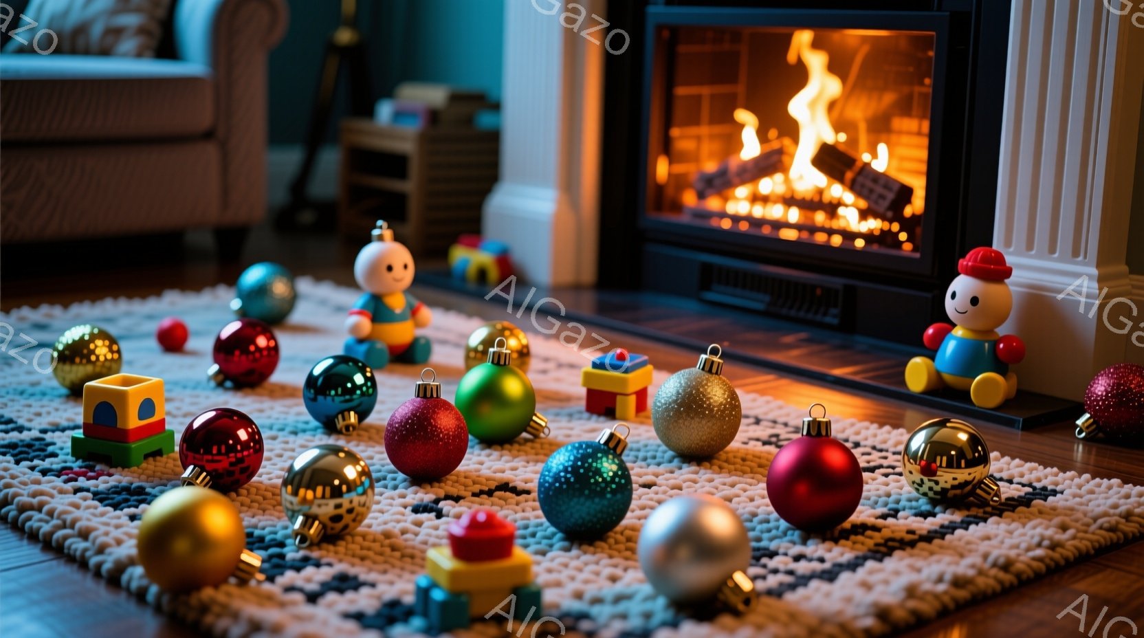 暖炉の前に敷かれたカラフルなラグの上に、クリスマスオーナメントや木製のおもちゃが散らばっています。暖炉の中では炎が燃え盛り、部屋全体を温かい光で満たしています。背景には、濃い青色のソファと収納棚が見え - AI生成フリー素材