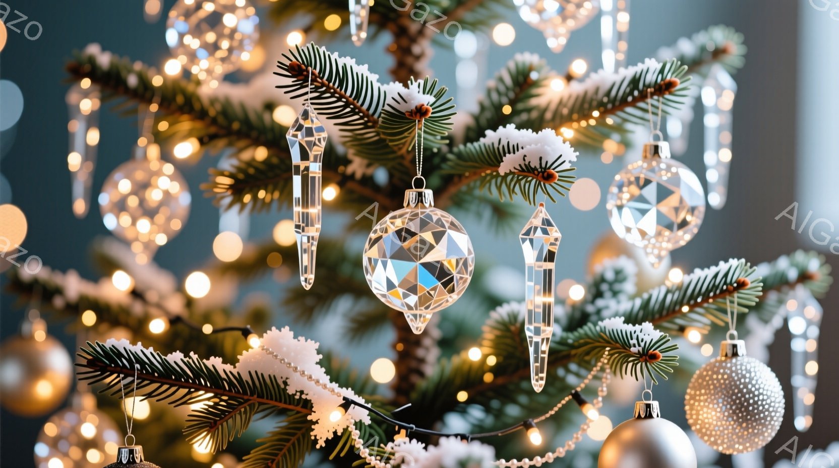 クリスマスツリーの枝が写真いっぱいに広がっており、様々な装飾品が輝いている。クリスタルのオーナメントや銀色のボールが、暖かい光の中でキラキラと輝き、冬の祝祭の雰囲気を醸し出している。背景はぼやけており - AI生成フリー素材