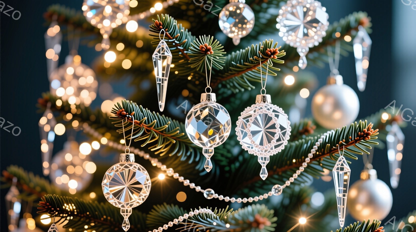 クリスマスツリーの枝に、様々な形の透明なオーナメントが飾られています。白く輝くオーナメントは、繊細なデザインで、光を反射してキラキラと輝いています。背景にはぼやけたライトが散りばめられ、温かく華やかな - AI生成フリー素材
