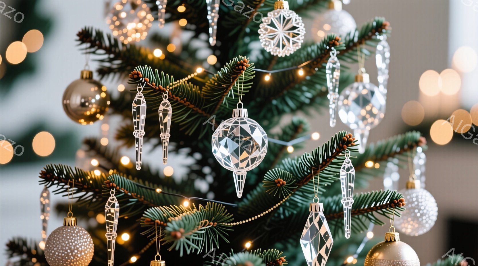 クリスマスツリーの装飾に焦点が当てられています。キラキラと輝くオーナメントが緑豊かな枝に飾られており、透明で幾何学的な形状のものや、金色の丸いオーナメントなどが混ざり合っています。背景はぼかされており - AI生成フリー素材