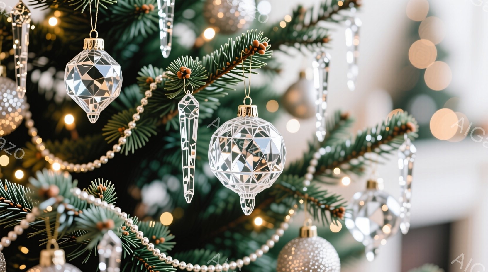 ガラス製のオーナメントの中に火が灯ったキャンドルが配置されており、繊細な雪の結晶模様がオーナメント全体を飾り付けている。背景は暗くぼやけており、他のぼんやりとした光点とともに、キャンドルの温かい光が際 - AI生成フリー素材