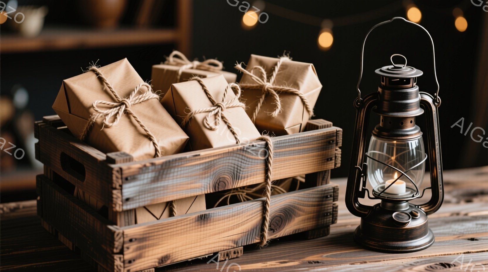 古びた木製の箱の中に、麻紐で結ばれた包装紙で包まれたプレゼントがいくつか入っています。箱の隣には、オイルランプが置かれており、柔らかい光を放っています。背景にはぼやけた家具が見え、全体的に暖かく、素朴で、落ち着いた雰囲気を醸し出しています。