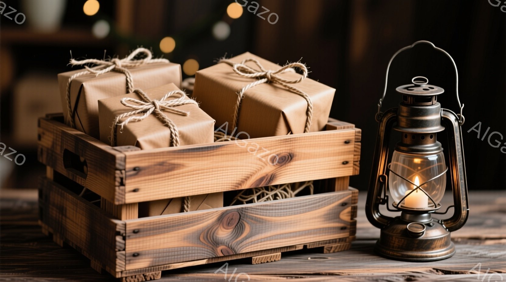 素朴な木製の箱の中に、麻紐で結ばれた茶色のギフトがいくつか入っています。箱の隣には、点灯したオイルランプが置かれており、暖かく柔らかな光を放っています。背景は暗めで、木製のテーブルが写っており、全体的 - AI生成フリー素材