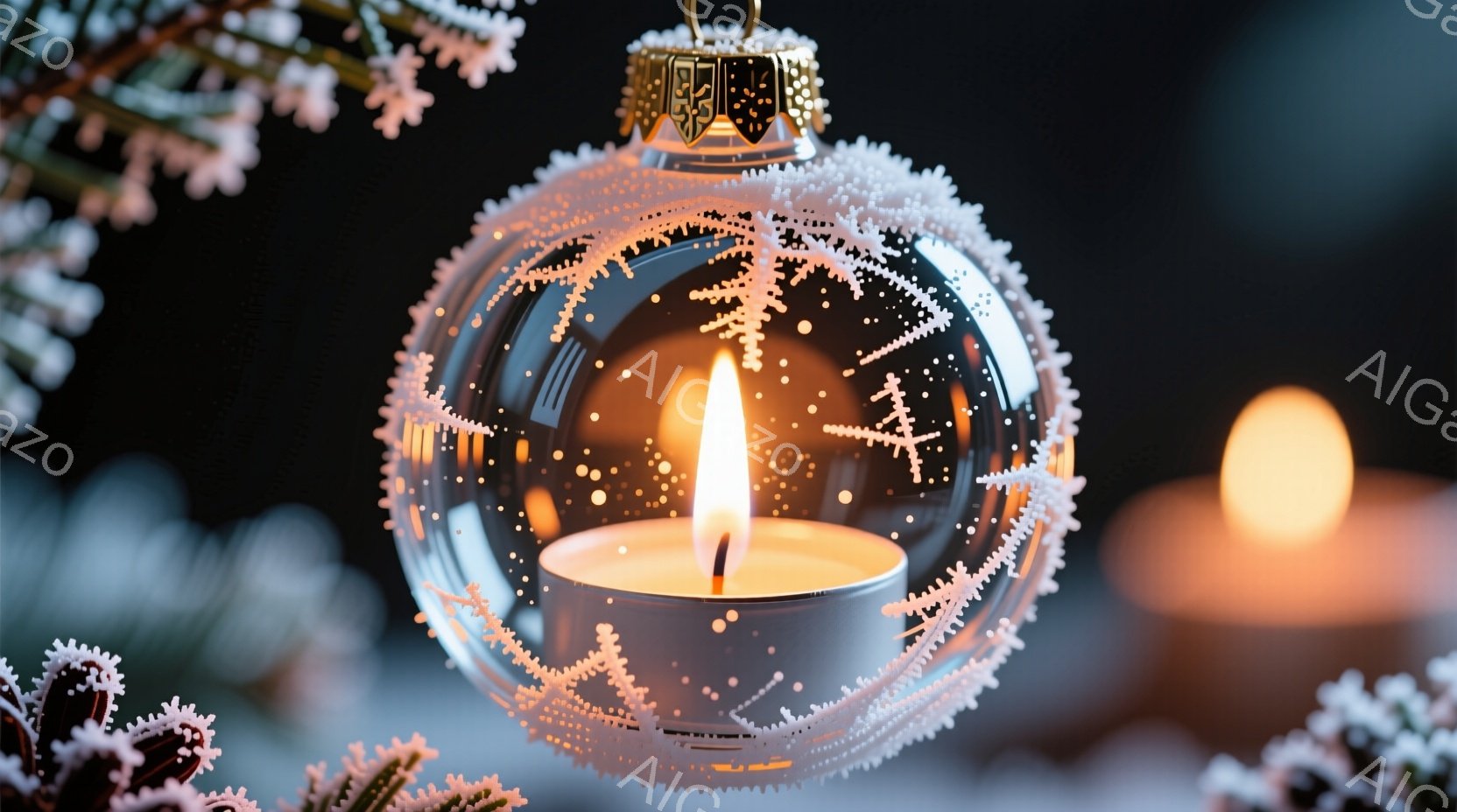 透明なオーナメントの中に火の灯ったキャンドルが置かれており、繊細な雪の結晶模様がオーナメントを飾り立てています。背景はぼやけており、他のぼんやりとした光も確認できますが、全体的に落ち着いた暖かな雰囲気 - AI生成フリー素材