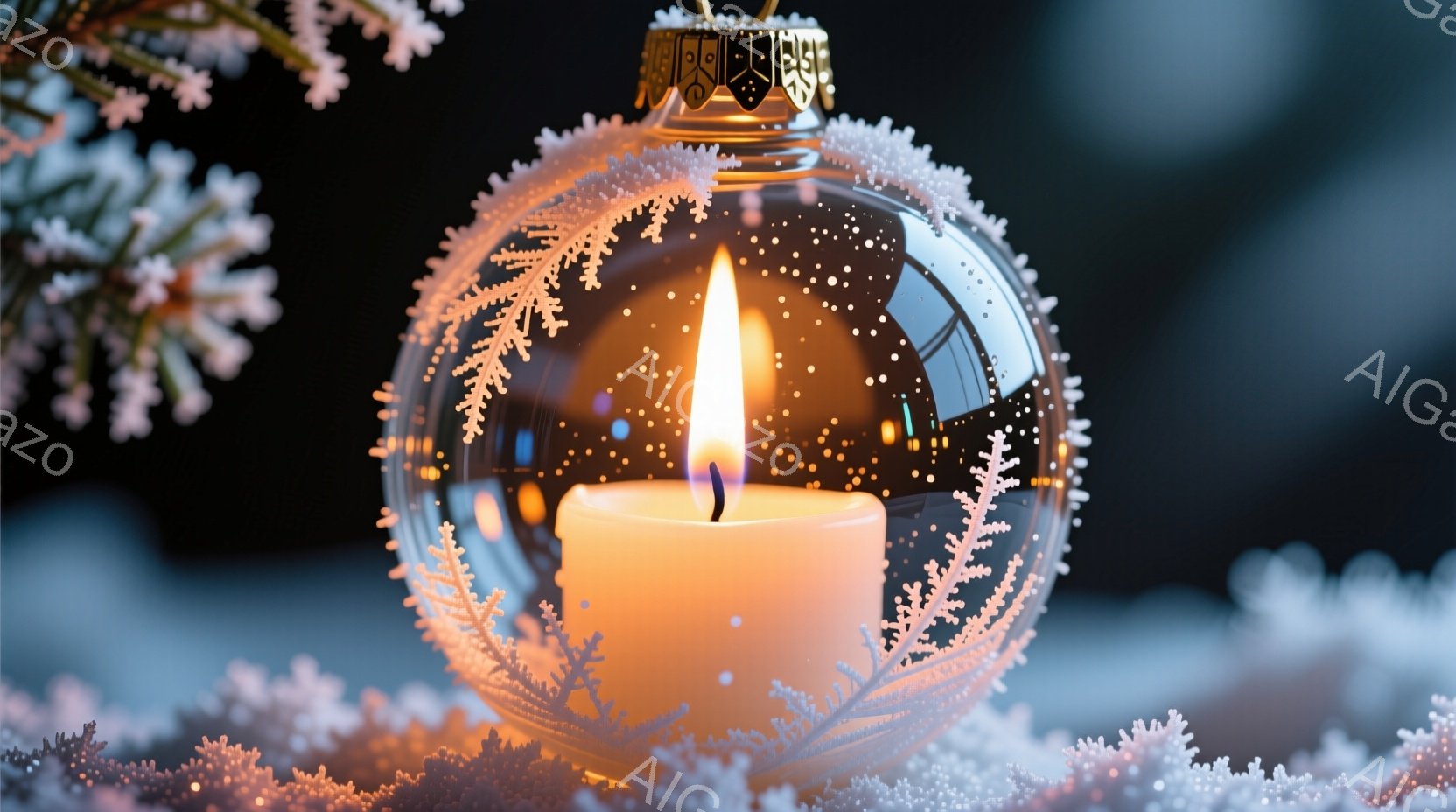 鮮やかなキャンドルがガラスのオーナメント球の中に灯っており、暖かく穏やかな光を放っています。球体には繊細な白い模様が描かれ、雪のような白い植物に囲まれて冬の雰囲気を醸し出しています。背景は暗く、ぼやけ - AI生成フリー素材