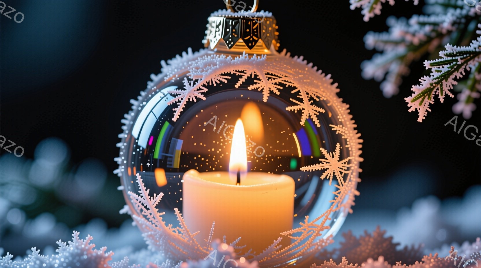 透明なクリスマスのオーナメントの中に、温かい光を放つキャンドルが収められています。周囲には繊細な雪の結晶模様が施され、背景にはぼんやりと緑の葉が広がり、冬の静寂な夜を思わせる雰囲気です。キャンドルの炎 - AI生成フリー素材