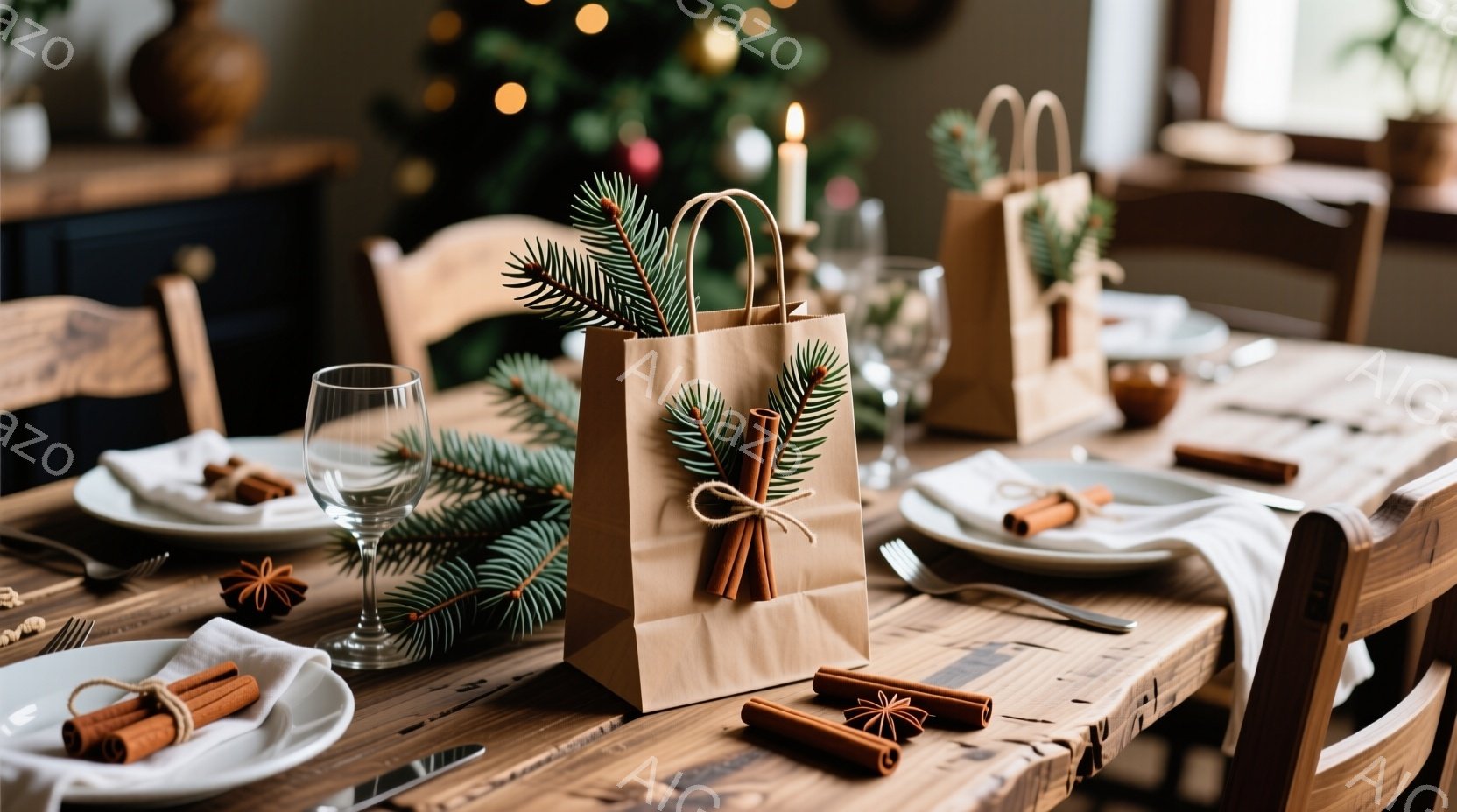 暖炉のある木製のダイニングテーブルが写っており、クリスマスの飾り付けが施されています。各プレースマットの上にはシナモンや星のような形の飾り、そして小さなクラフト紙の袋が置かれ、それぞれに緑の葉が添えられています。全体的に温かく、素朴で、クリスマスの雰囲気を醸し出しています。