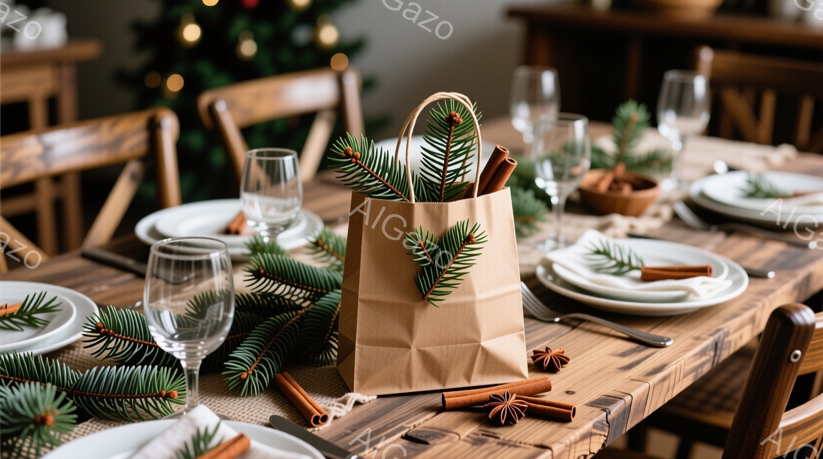 温かみのある木製のテーブルの上に、クリスマスのディナーの準備が整っています。 陶器の皿、グラス、麻のテーブルランナーと共に、松の葉とシナモンスティックが飾られ、素朴で自然な雰囲気を醸し出しています。 茶色の紙袋が中央に置かれ、さらにクリスマスらしい装飾が施されています。