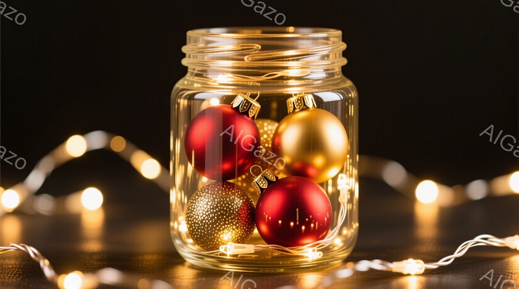 ガラスの瓶の中に、赤、金、キラキラした装飾がいくつか入っており、温かい光のストリングライトが瓶の周りを飾り、背景は暗く、祭りの雰囲気を醸し出しています。装飾は丸く、瓶の中で光を反射し、華やかな印象を与 - AI生成フリー素材
