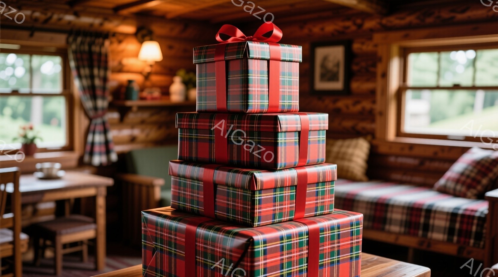 暖炉のある居間のテーブルに、赤いタータンチェック柄のギフトボックスがピラミッド状に積み重ねられています。背景には、木製の壁、キャビネット、そして窓から差し込む自然光が見え、温かく落ち着いた雰囲気を醸し - AI生成フリー素材