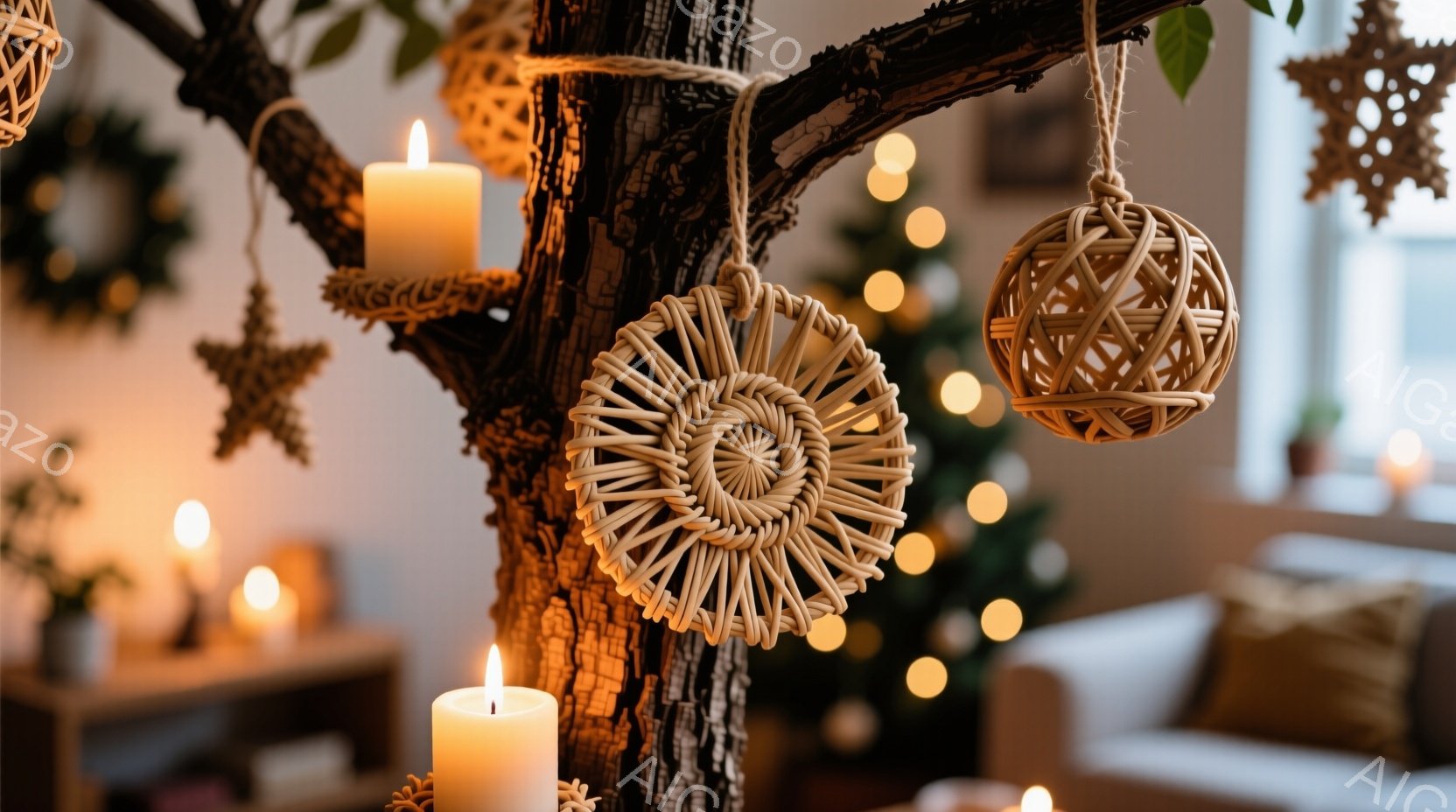 暖炉のそばの木に、手作りの装飾品やキャンドルが飾られています。背景にはぼやけたクリスマスツリーと、暖かい光が灯るソファが見えます。全体的に温かく、心地よいクリスマスの雰囲気が漂っています。 - AI生成フリー素材