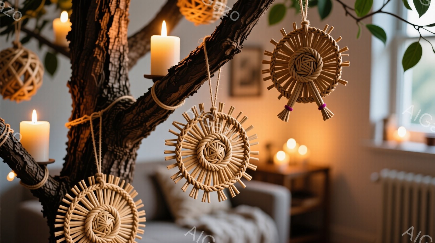 室内には、木製の装飾品が麻紐で吊るされ、暖色のキャンドルが灯されています。背景には、オフホワイトのソファと木製の家具が見え、窓から差し込む光が部屋全体を照らしています。全体的に暖かく、居心地の良い、リ - AI生成フリー素材