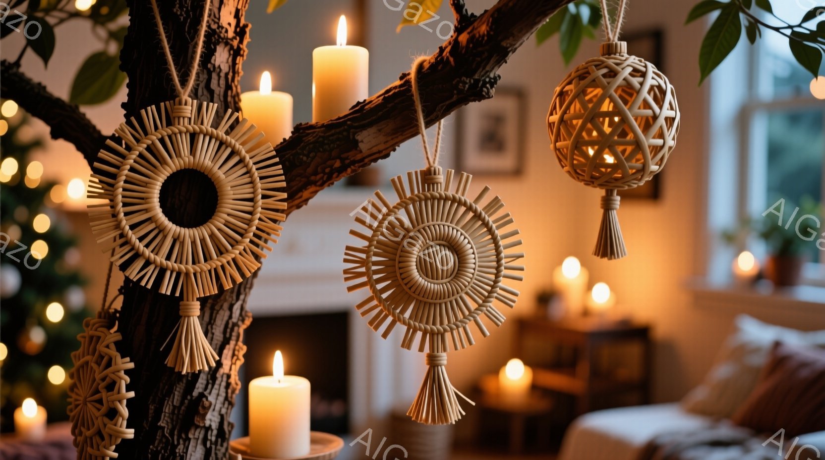 暖炉のある居間に、手作りのマクラメ編みの装飾品がクリスマスツリーの枝にぶら下がっています。キャンドルが穏やかな光を放ち、暖かく心地よい雰囲気を醸し出しています。背景にはソファーや植物が見え、居心地の良 - AI生成フリー素材