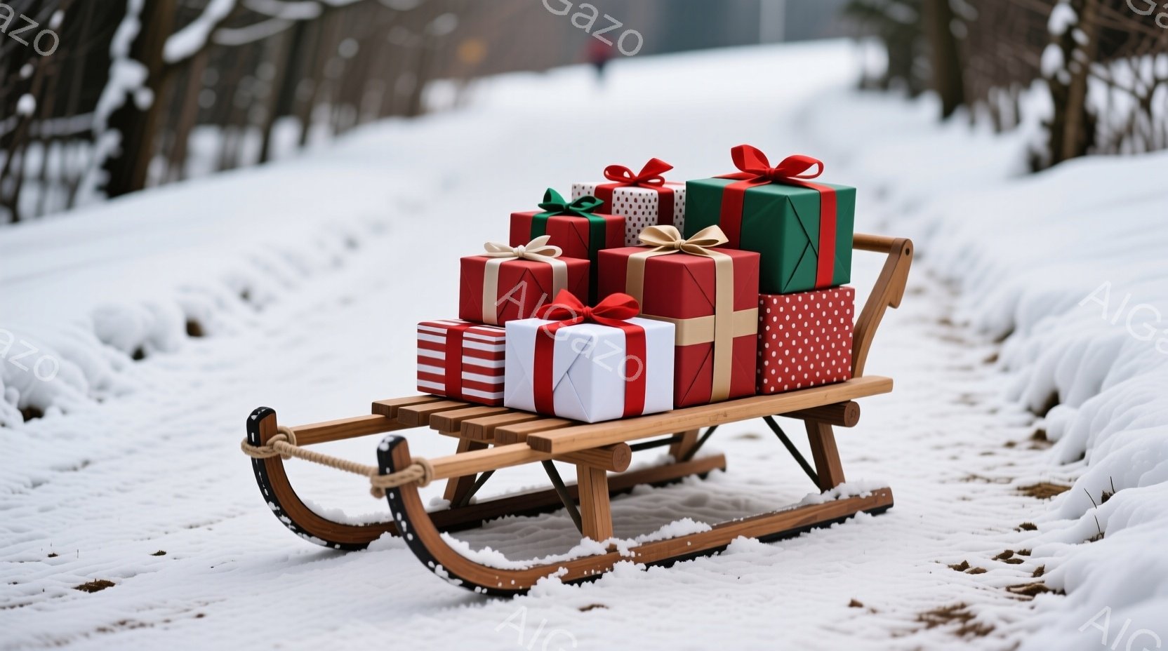 雪景色の中に木製のそりが置かれており、その上には赤、緑、白の包装紙で飾られたプレゼントの箱が積み重ねられています。背景にはぼやけた木々が見え、雪が降り積もった静かで冬らしい雰囲気が漂っています。プレゼ - AI生成フリー素材