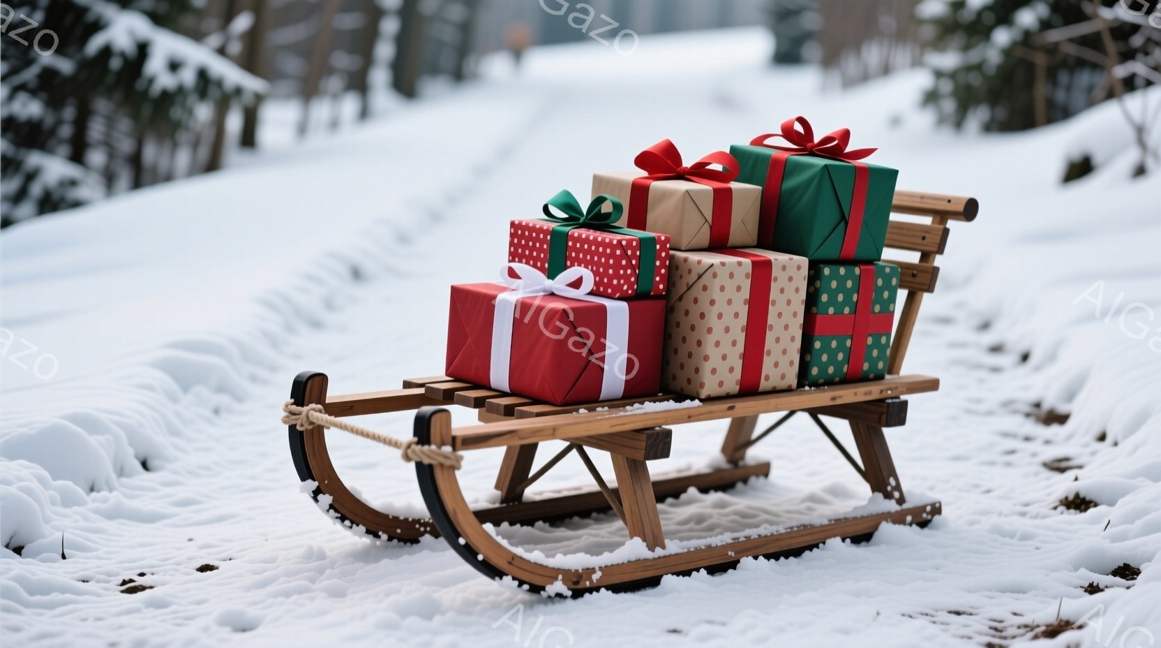雪景色の中に、プレゼントが積まれたそりが置かれています。プレゼントは赤、緑、茶色と様々な色で、それぞれリボンで飾られています。背景には雪に覆われた木々が見え、静かで穏やかな冬の雰囲気が漂っています。 - AI生成フリー素材