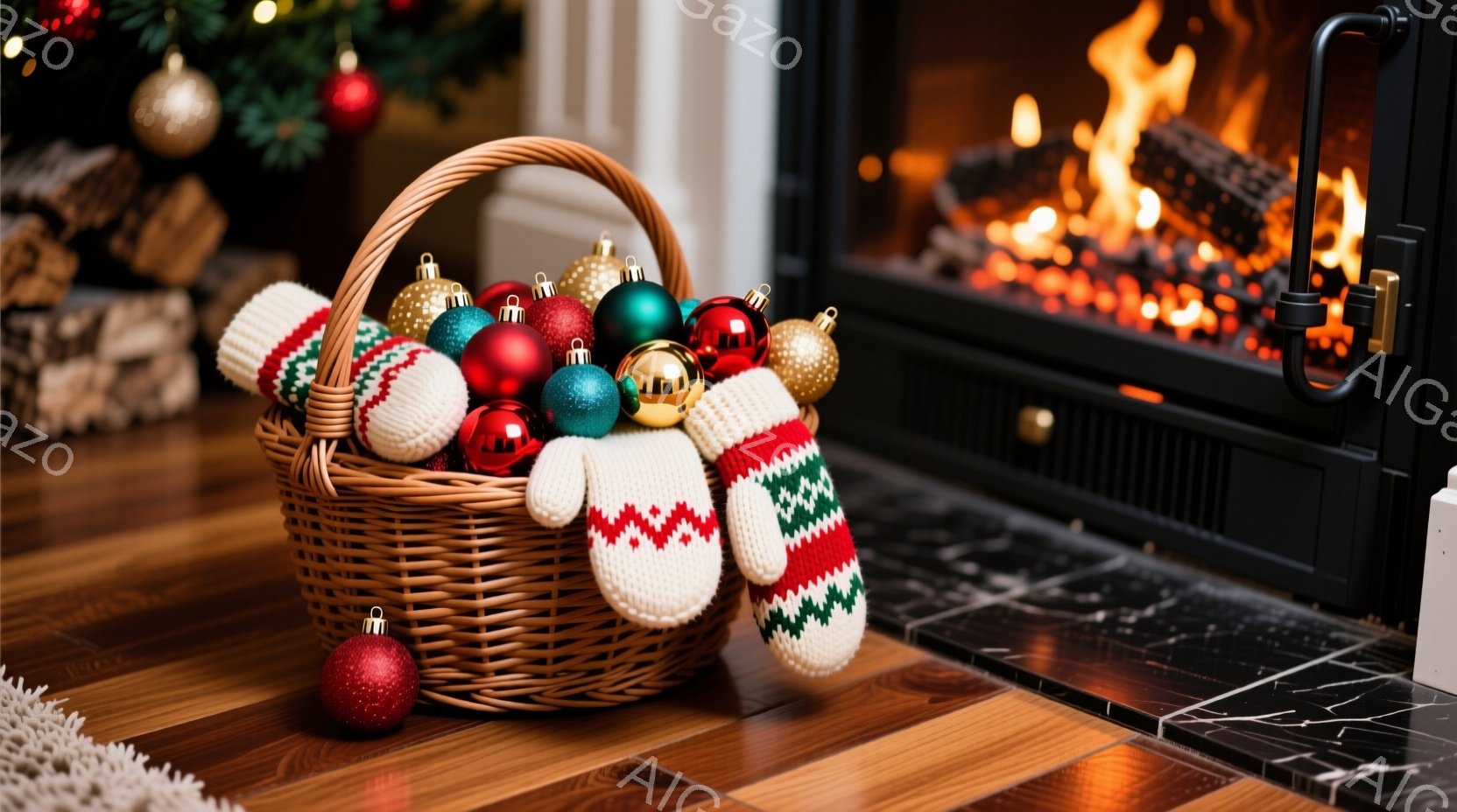 暖炉のそばに置かれた、クリスマスオーナメントとニットの手袋が入ったバスケットが写っています。床は木製のフローリングで、白い毛皮のような敷物が一部見えます。暖炉の中では炎が燃え盛り、背景にはクリスマスツリーの一部が見え、温かく居心地の良い冬の雰囲気を醸し出しています。