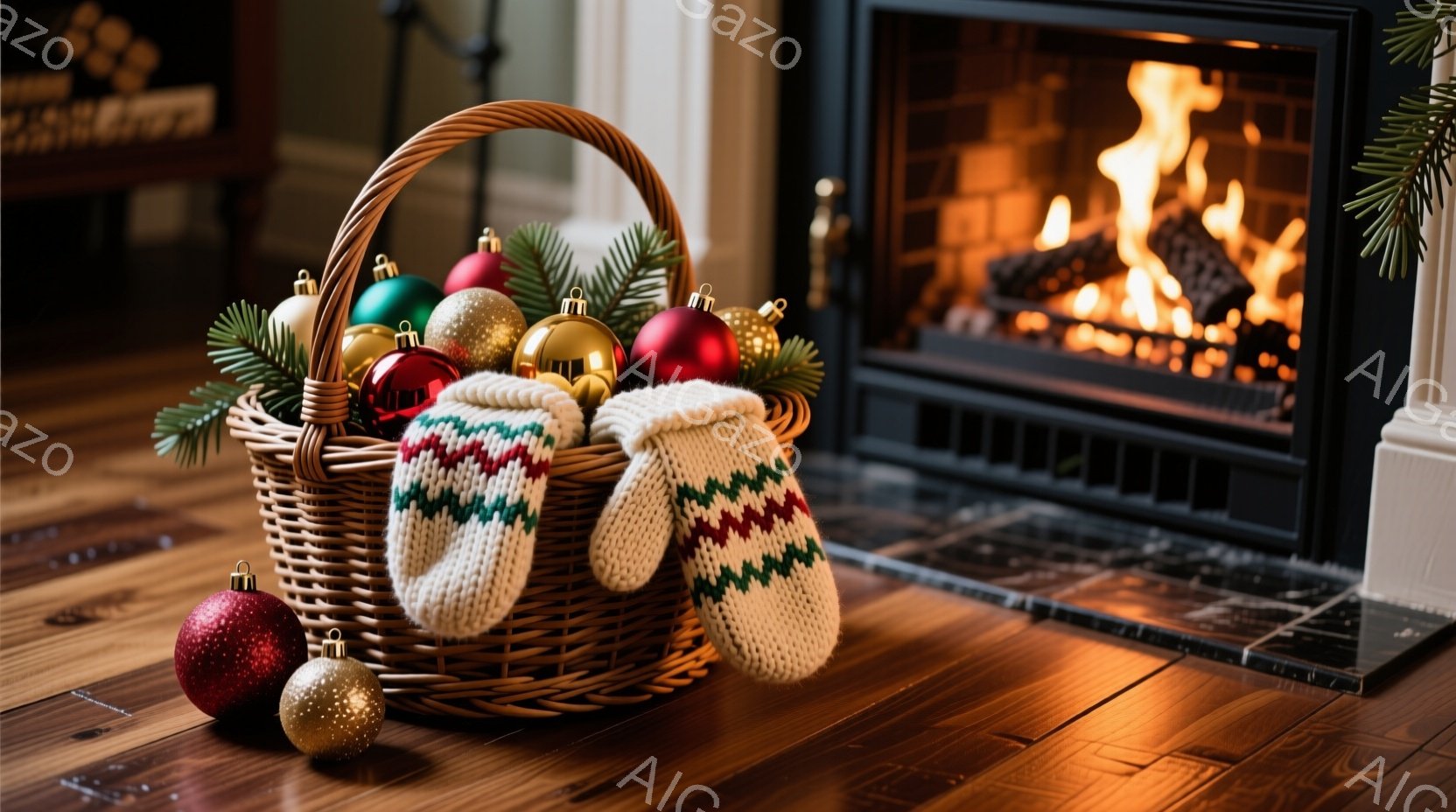 暖炉の前に置かれたバスケットには、クリスマスオーナメントと編み込みのミトンが飾られています。背景には暖炉の炎が燃え盛り、木製の床が暖かく照らされています。全体的に、温かく居心地の良いクリスマスの雰囲気が漂っています。