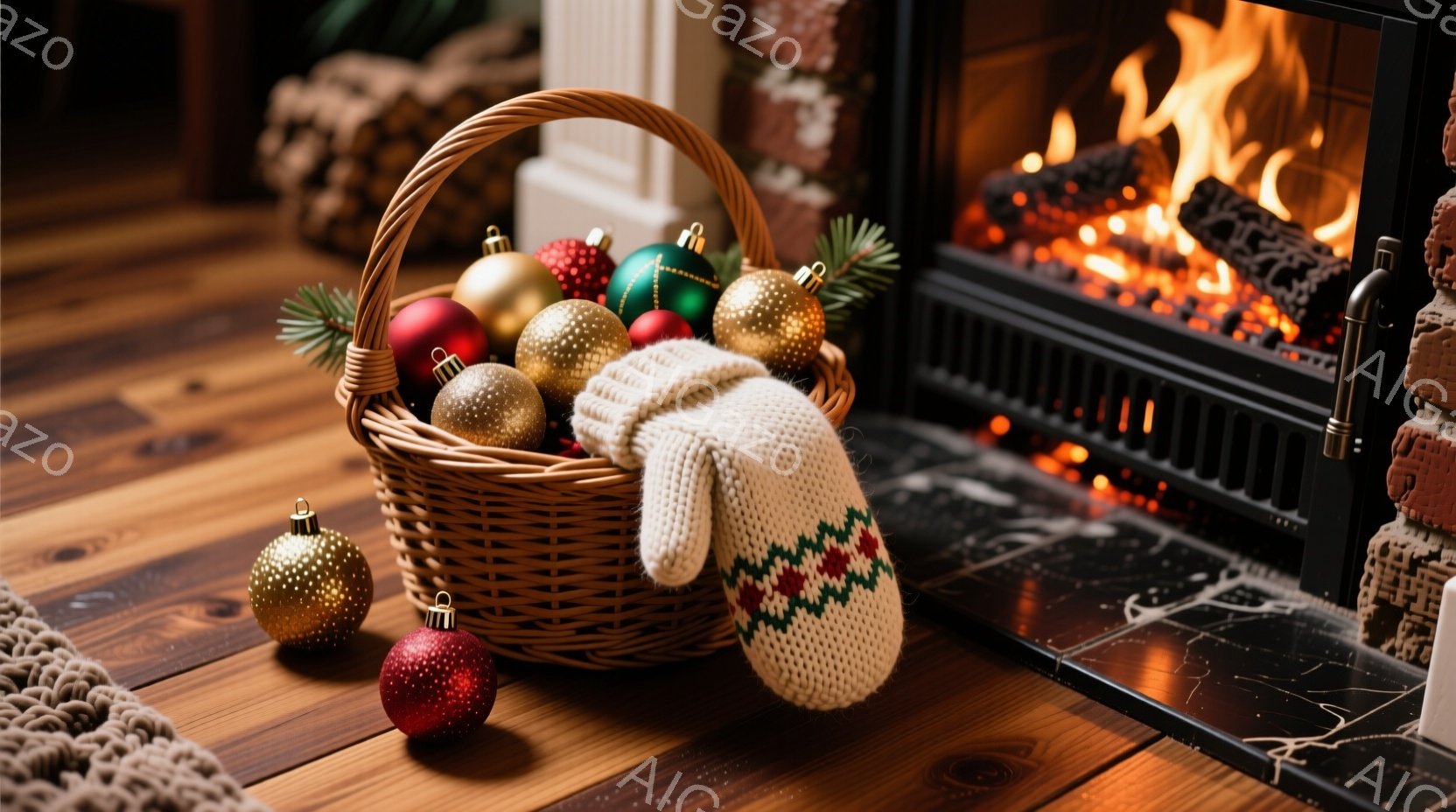 暖炉のそばの木製の床に、クリスマスオーナメントが入った柳のバスケットが置かれています。バスケットからは緑、赤、金色のオーナメントが溢れ、ニットのミトンが添えられています。暖炉の中で炎が燃え盛っており、 - AI生成フリー素材