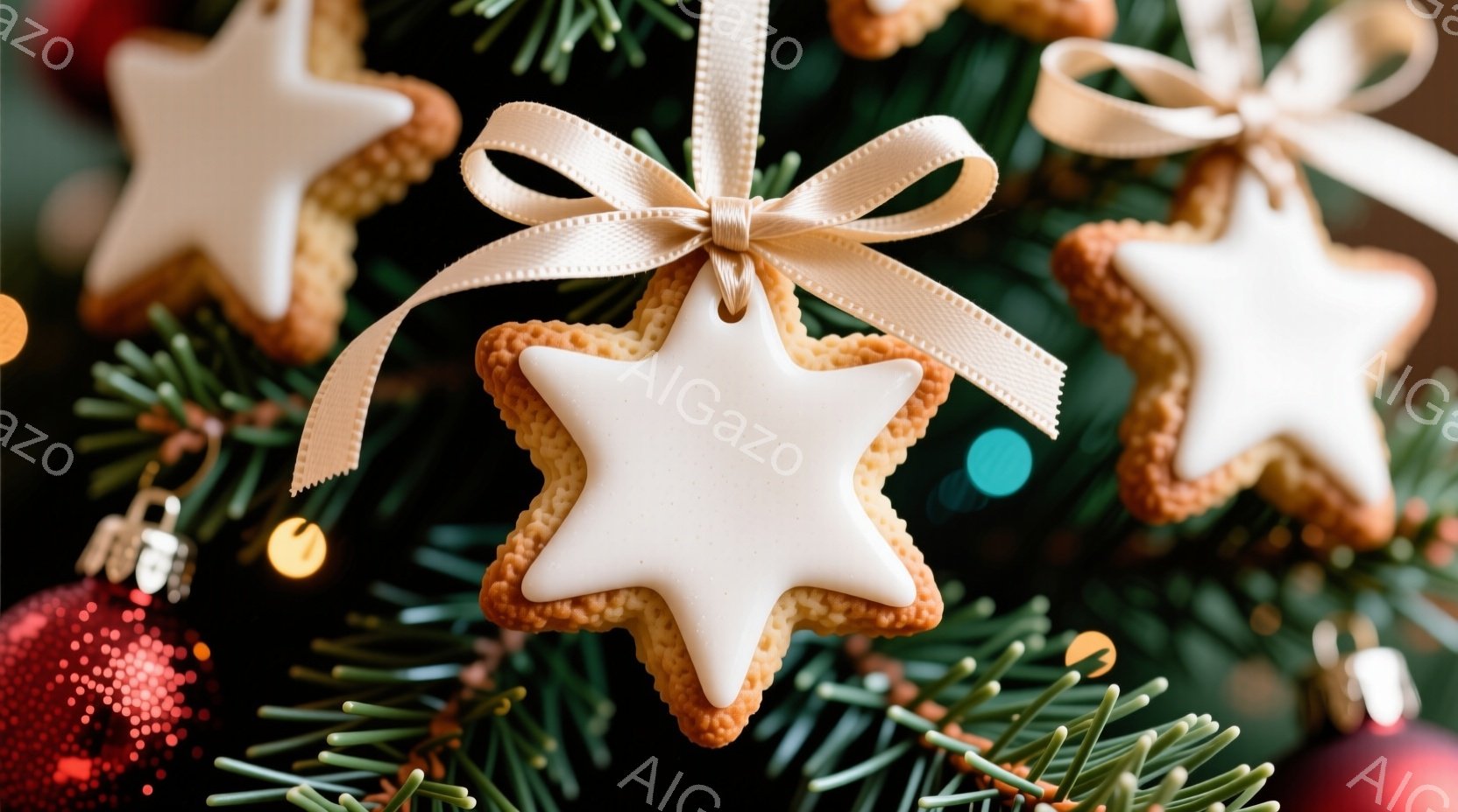 クリスマスツリーの枝に、アイシングでデコレーションされた星型のクッキーが飾られています。クッキーは、縁が茶色く、中央が白く、リボンで結ばれており、キラキラと輝くオーナメントやぼやけた背景の光が暖かく穏やかなクリスマスの雰囲気を醸し出しています。緑色の針葉樹の葉が密集し、背景にぼんやりと光る電飾が、ホリデーシーズンらしい華やかさを添えています。