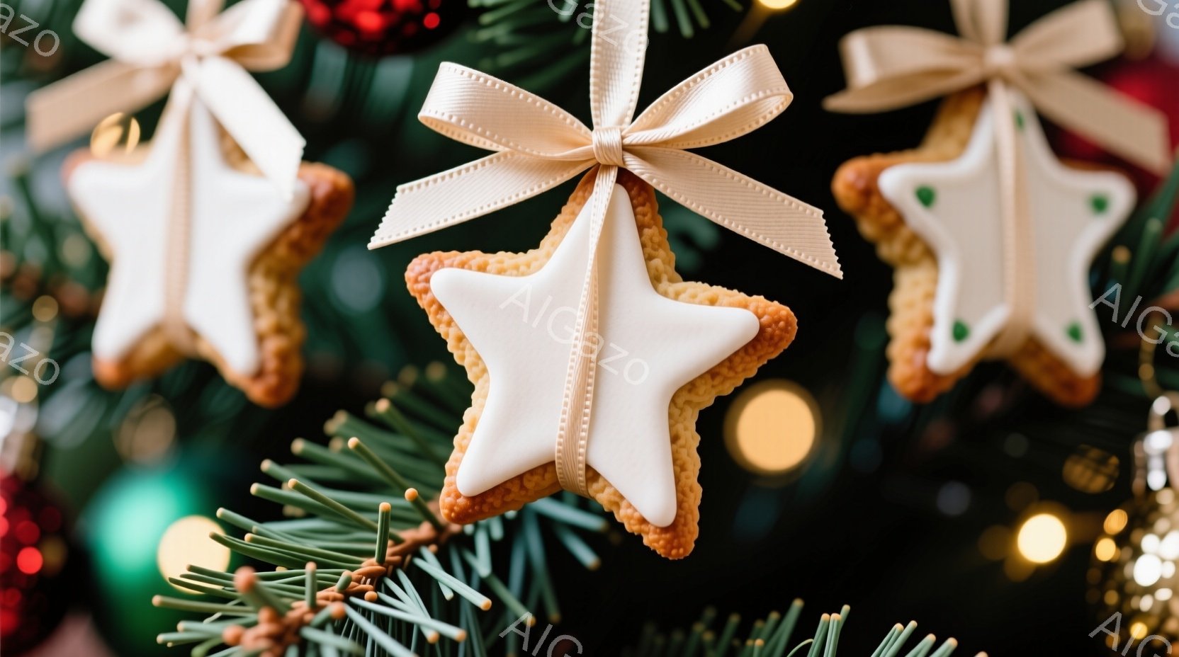 クリスマスツリーの枝に、アイシングで飾られた星型のクッキーが吊るされています。クッキーは茶色の縁取りがあり、中央は白く、それぞれに白いリボンが結ばれています。背景にはぼやけた緑色の葉と、暖色系の点灯さ - AI生成フリー素材