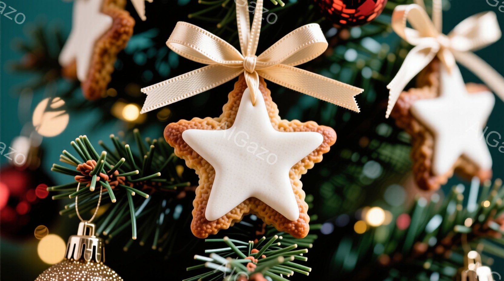 霜で覆われたモミの枝に、銀色のオーナメントがいくつかぶら下がっている。背景はぼやけた青色で、雪が舞っているように見える。全体的に、静かで幻想的な冬の雰囲気を醸し出している。 - AI生成フリー素材