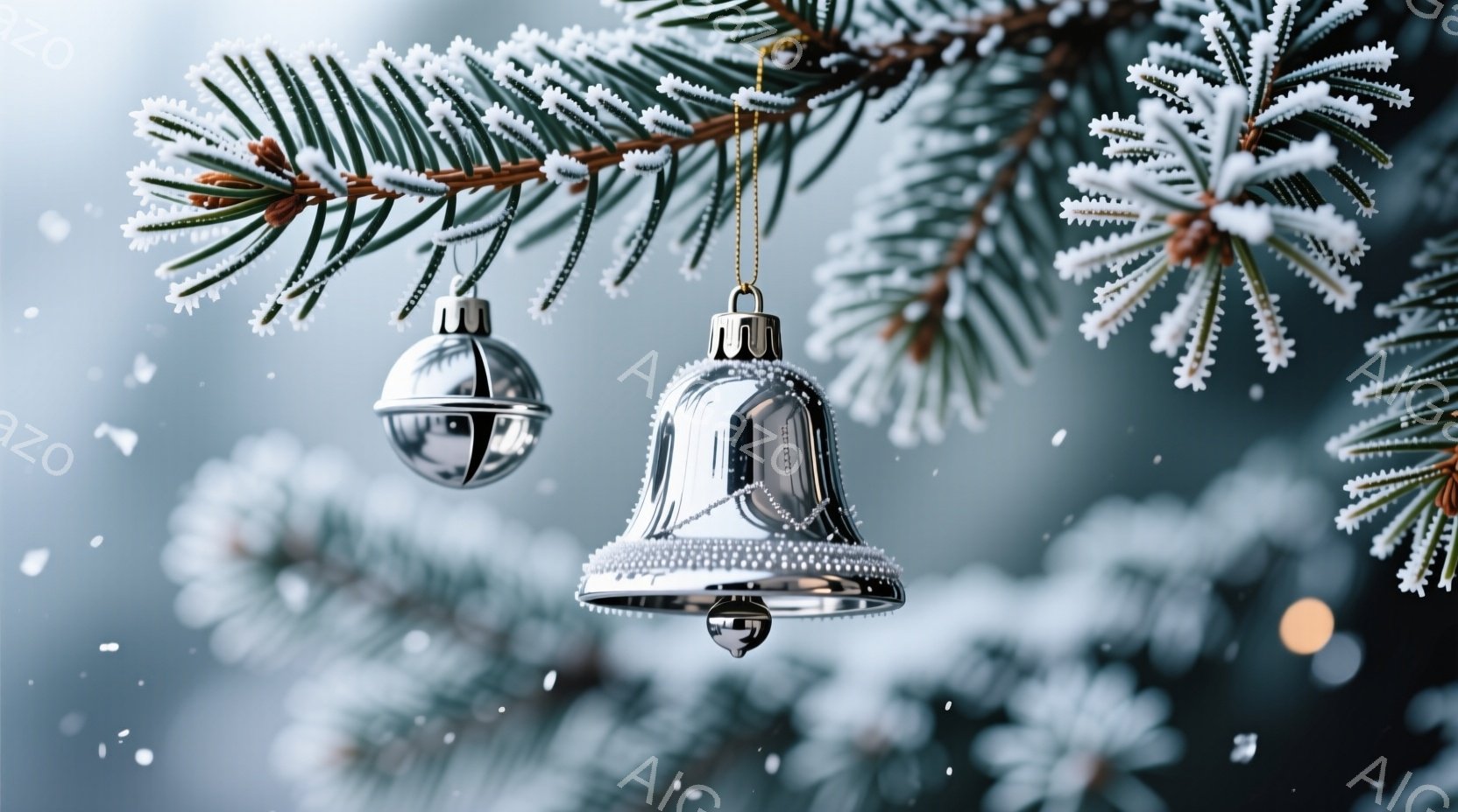 鮮やかな白い雪が舞う中、クリスマスツリーの枝に銀色のベルとオーナメントが吊り下げられています。雪が枝に付着し、冬の静かで穏やかな雰囲気を醸し出しています。背景はぼやけており、冬の幻想的な世界を連想させ - AI生成フリー素材