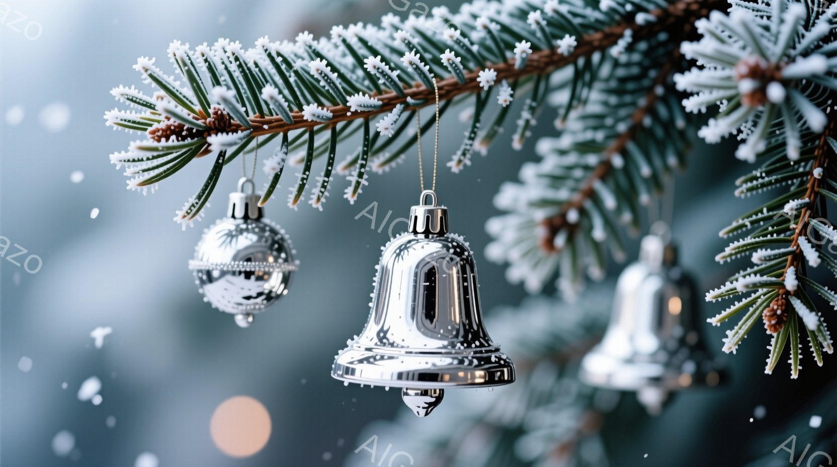 針葉樹の枝に、銀色のクリスマスオーナメントがいくつか吊るされています。雪が枝やオーナメントに降り積もり、背景はぼやけて冬の静寂さを表現しています。全体的に、静かで幻想的な冬の雰囲気が漂っています。 - AI生成フリー素材