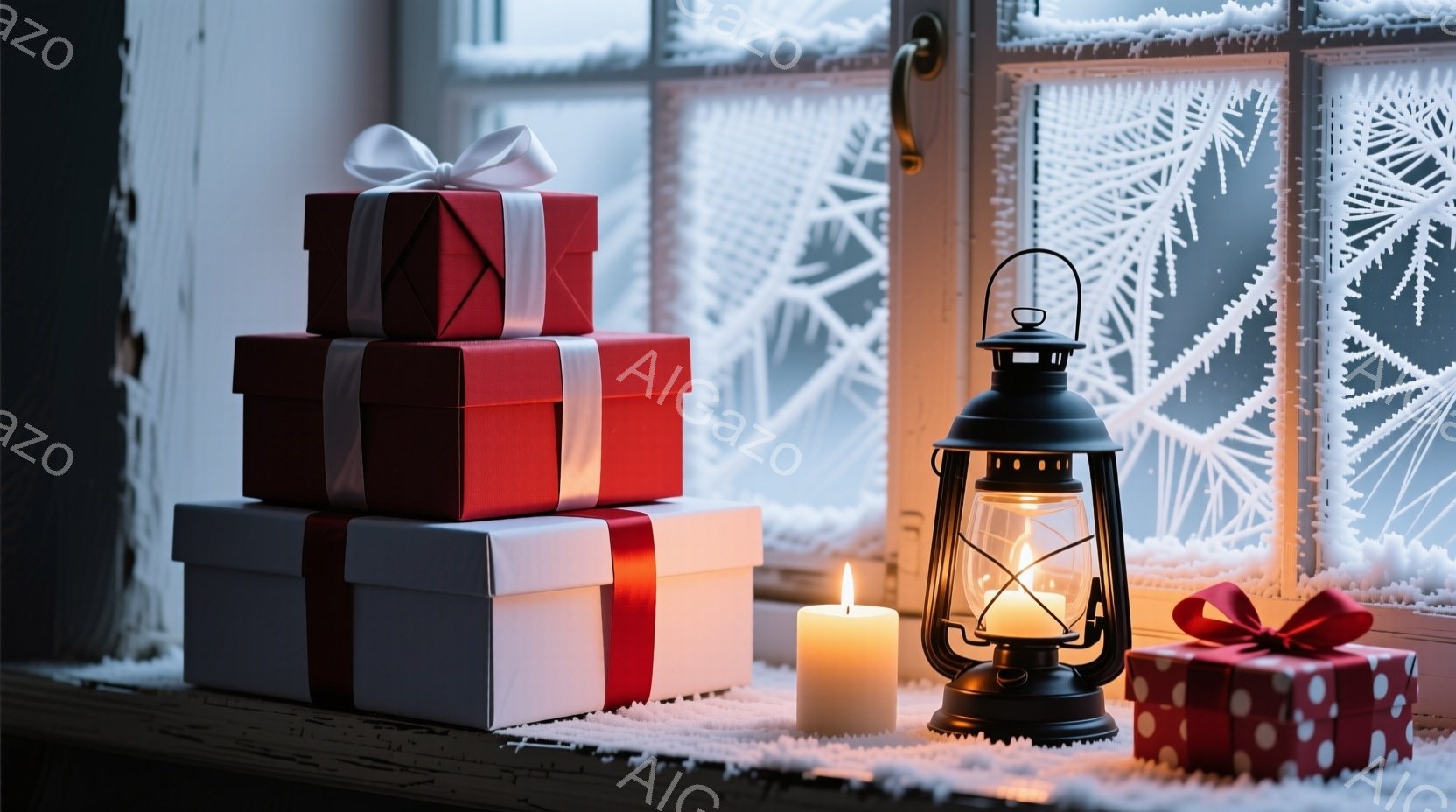 窓辺に積み重ねられたプレゼントボックスと、点灯したランタン、キャンドルが配置されています。赤いプレゼントボックスが複数あり、白いリボンで飾られています。背景には雪の結晶が描かれた窓ガラスが見え、冬の暖 - AI生成フリー素材