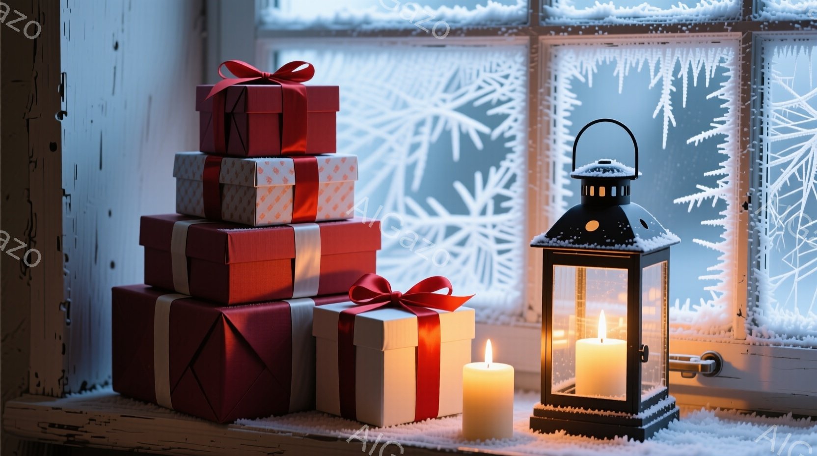 窓辺に積み重ねられたクリスマスプレゼントが目に留まる、温かい光景である。赤と白のギフトボックスには赤いリボンが結ばれており、キャンドルと黒いランタンの灯りが暖かく照らしている。背景には雪の結晶が描かれ - AI生成フリー素材