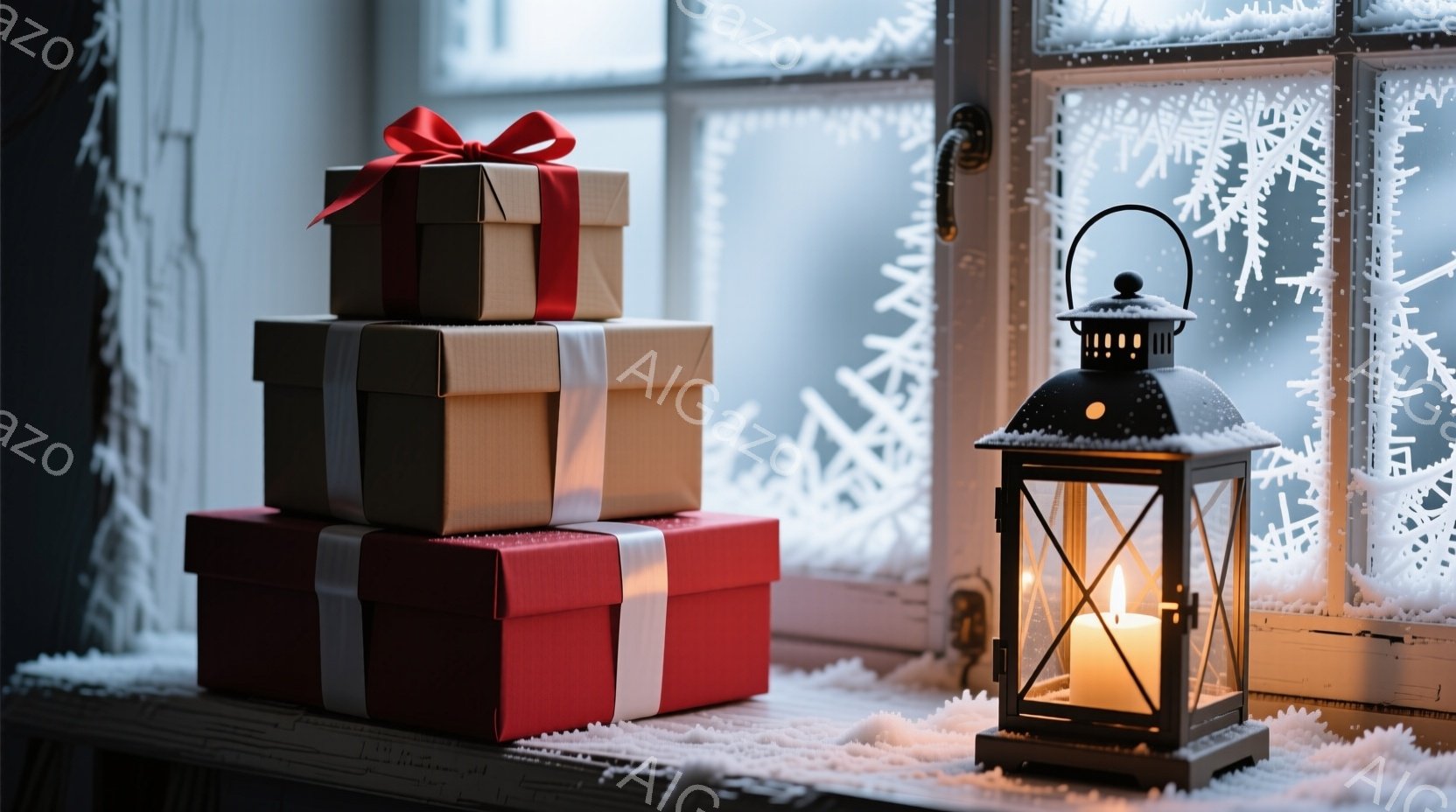 窓辺には、赤とベージュのリボンで飾られたプレゼントの箱が積み重ねられ、そのそばにはロウソクが灯った黒い金属製のランタンが置かれています。背景には雪の結晶模様が描かれた窓があり、白い人工的な雪が敷かれた - AI生成フリー素材