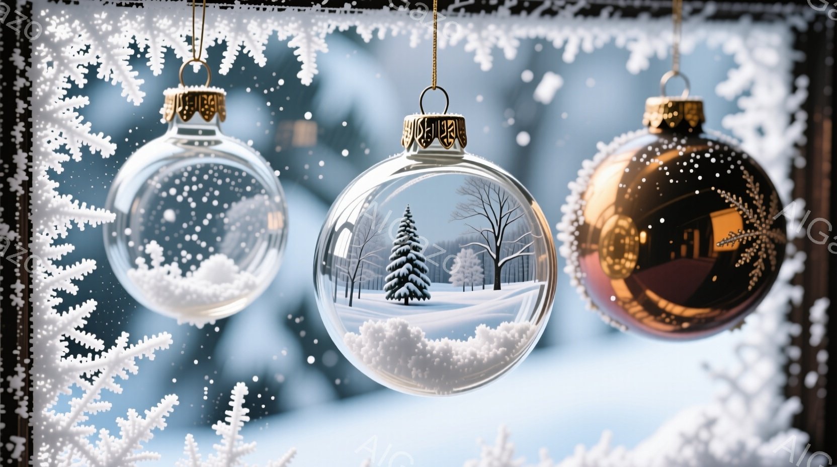 ３つのクリスマスのオーナメントが、雪景色を閉じ込めたように吊り下げられています。中央の透明なオーナメントには、雪に覆われた木々や針葉樹の風景が描かれており、冬の静寂な雰囲気を醸し出しています。背景は淡 - AI生成フリー素材