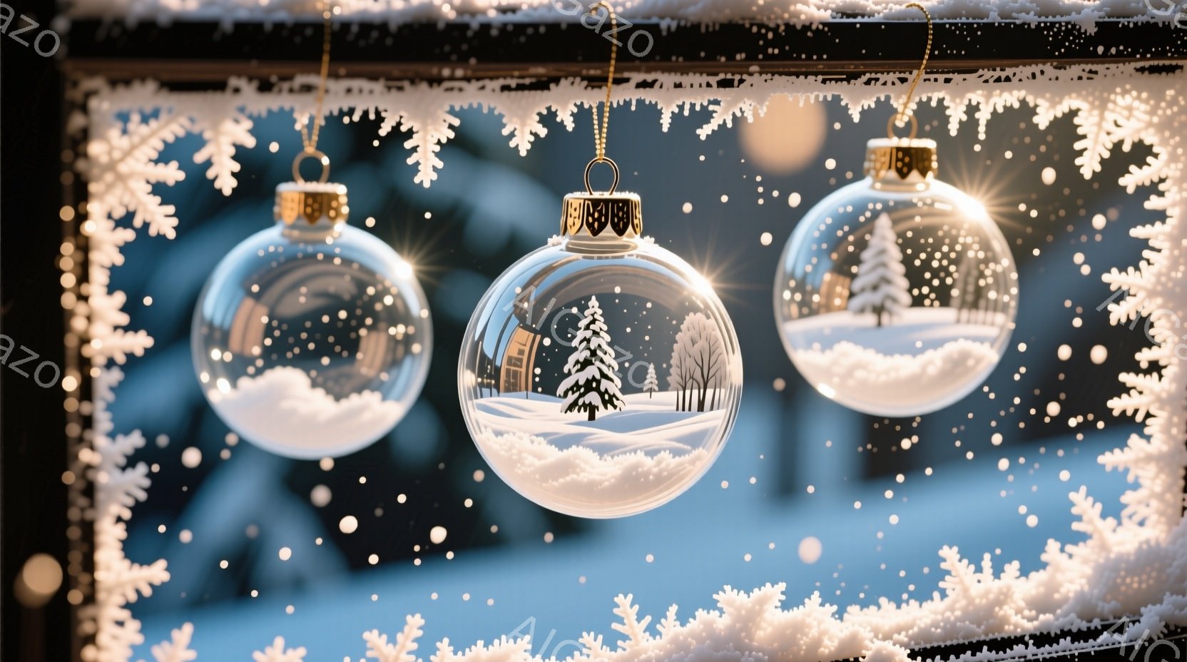 雪が舞う冬の風景を閉じ込めた３つのガラス製クリスマスオーナメントが、白い装飾の枠の中で輝いている。各オーナメントの中には、雪に覆われた松の木と、遠くに見える建物が配置されており、冬の静寂と美しさを表現 - AI生成フリー素材