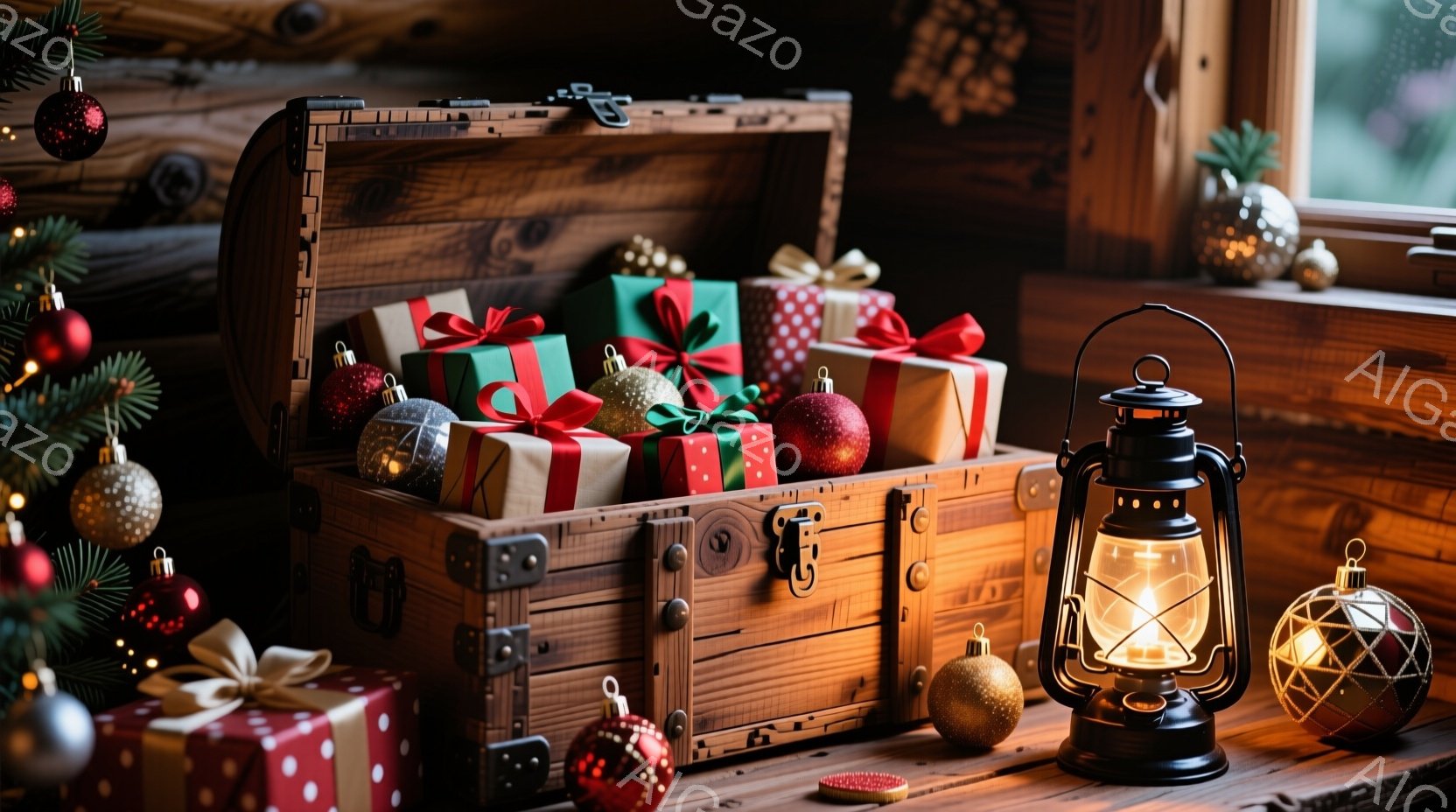 濃い茶色の木製のテーブルの上に、クリスマスオーナメントのリースが飾られています。金色のオーナメントボールと松ぼっくりが緑色の葉に囲まれており、暖かく華やかな雰囲気を醸し出しています。テーブルには皿とカ - AI生成フリー素材