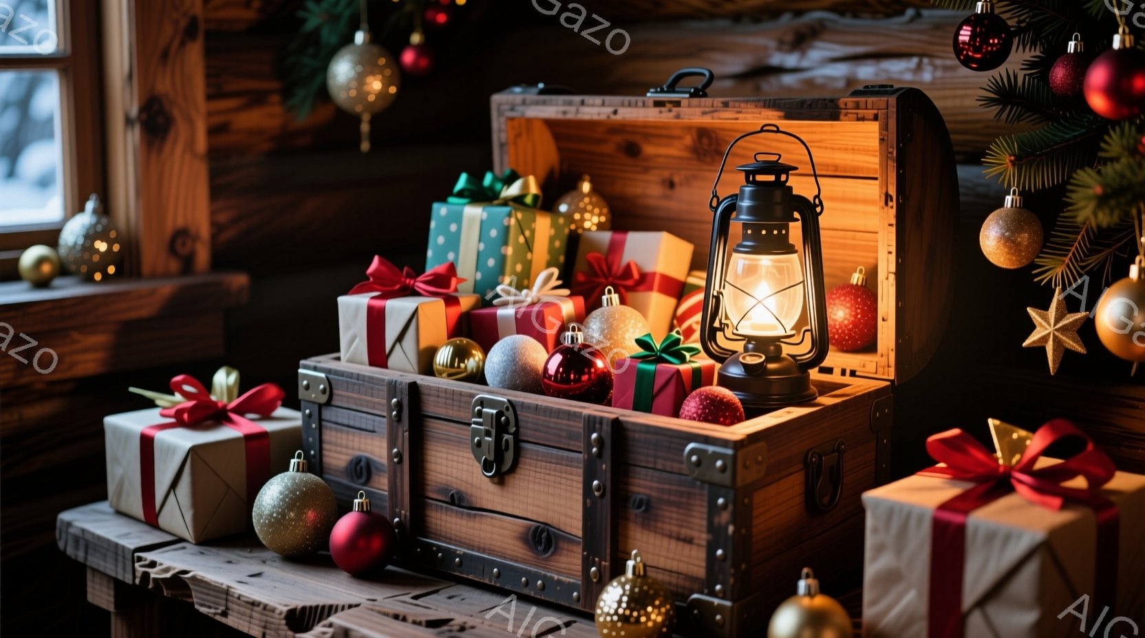 古びた木製の箱が、クリスマスプレゼントでいっぱいになっています。プレゼントには赤いリボンや装飾が施され、金色のオーナメントや赤いボールが周囲に散らばっています。箱の中で提灯が灯っており、暖かく幻想的な - AI生成フリー素材