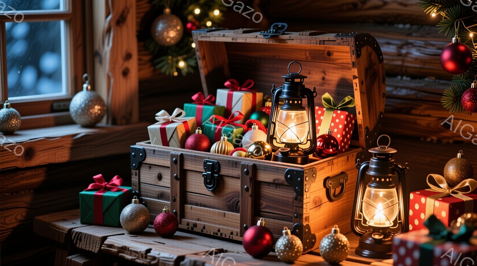 暖炉のそばにある木製の箱の中に、色とりどりのクリスマスプレゼントと装飾ボールが詰まっています。箱の隣には、温かい光を放つランタンが２つ置かれ、クリスマスの装飾が背景の木製の壁に飾られています。暖かく、 - AI生成フリー素材