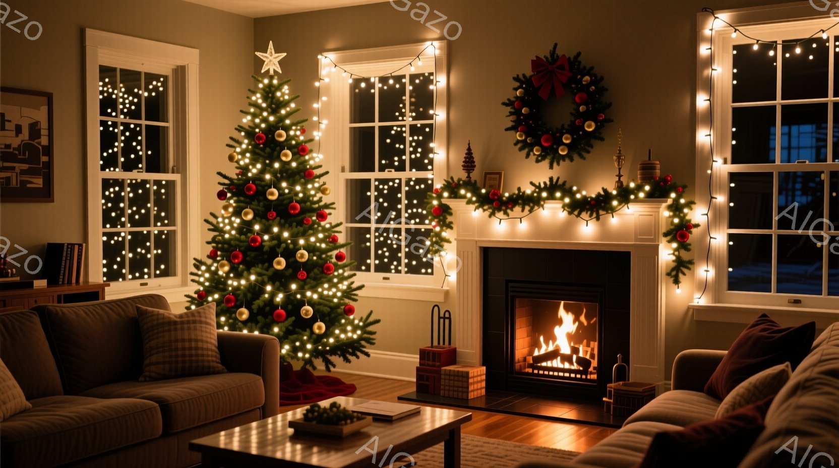 暖炉のそばに飾られたクリスマスツリーが中心で、部屋全体が温かい光に包まれています。窓の外は夕暮れ時で、暗くなり始めており、室内の暖かく居心地の良い雰囲気を強調しています。クリスマスツリーの周りには赤い - AI生成フリー素材