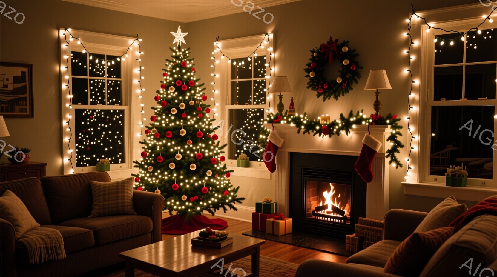 暖炉の火が灯るリビングルームには、クリスマスツリーが飾られ、温かい光が部屋を満たしています。窓の外には雪がちらつき、クリスマスらしい装飾が部屋全体に散りばめられ、リラックスした穏やかな雰囲気を醸し出し - AI生成フリー素材