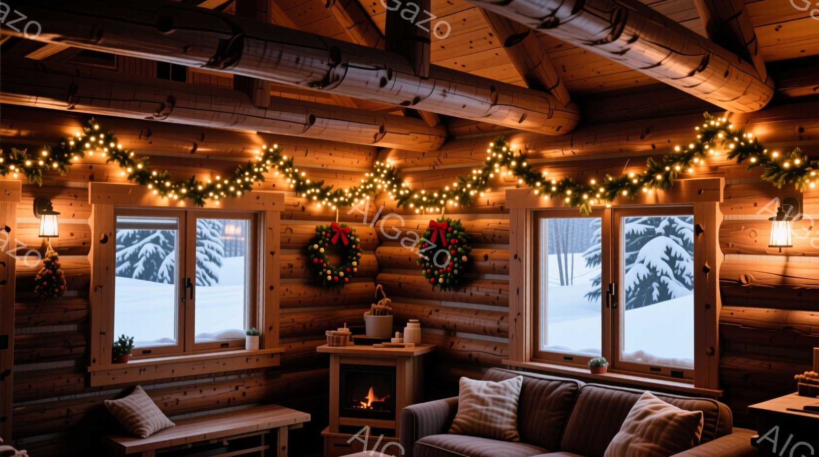 暖炉のある木の家の中の様子で、窓の外は雪景色が広がっています。窓辺にはクリスマスリースが飾られ、天井にはイルミネーションが飾られています。暖炉の火とイルミネーションの光が部屋全体を暖かく照らし、クリス - AI生成フリー素材
