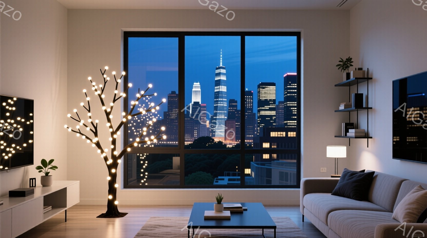 広々としたリビングルームには、ニューヨークの夜景が一望できる大きな窓があります。部屋には明るい色のソファ、テレビ台、本棚、そして装飾的なライトアップされた木が配置されており、モダンで落ち着いた雰囲気が - AI生成フリー素材
