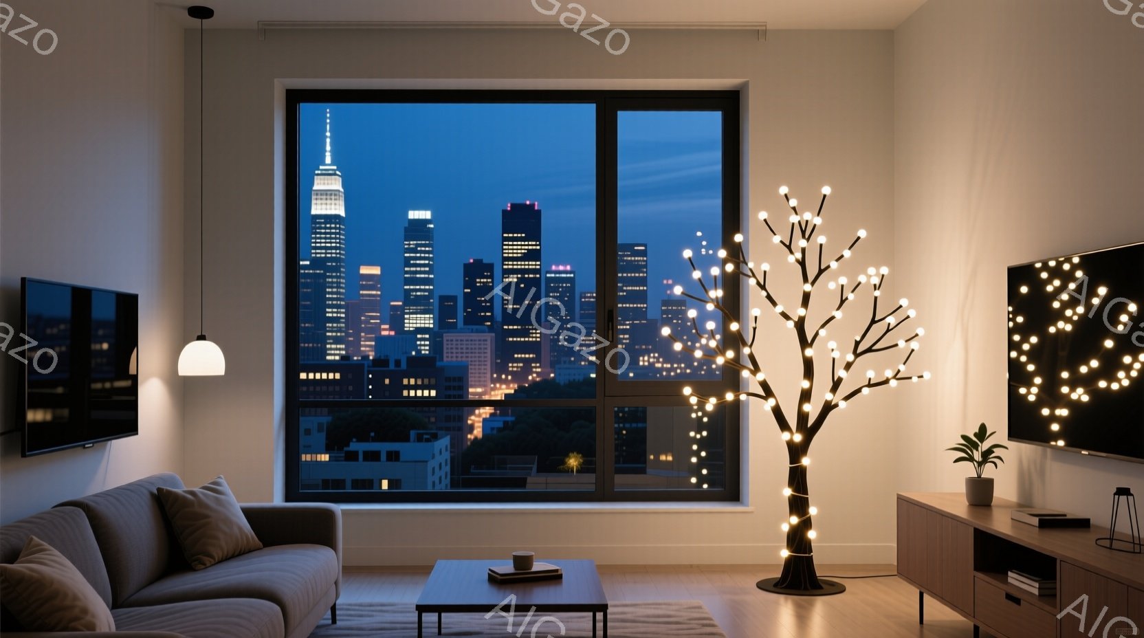 明るいリビングルームの大きな窓からは、夜のニューヨークのスカイラインが見え、たくさんの光が輝いている。室内にはクリーム色のソファ、木製のコーヒーテーブル、そしてライトアップされた装飾的な木があり、落ち - AI生成フリー素材
