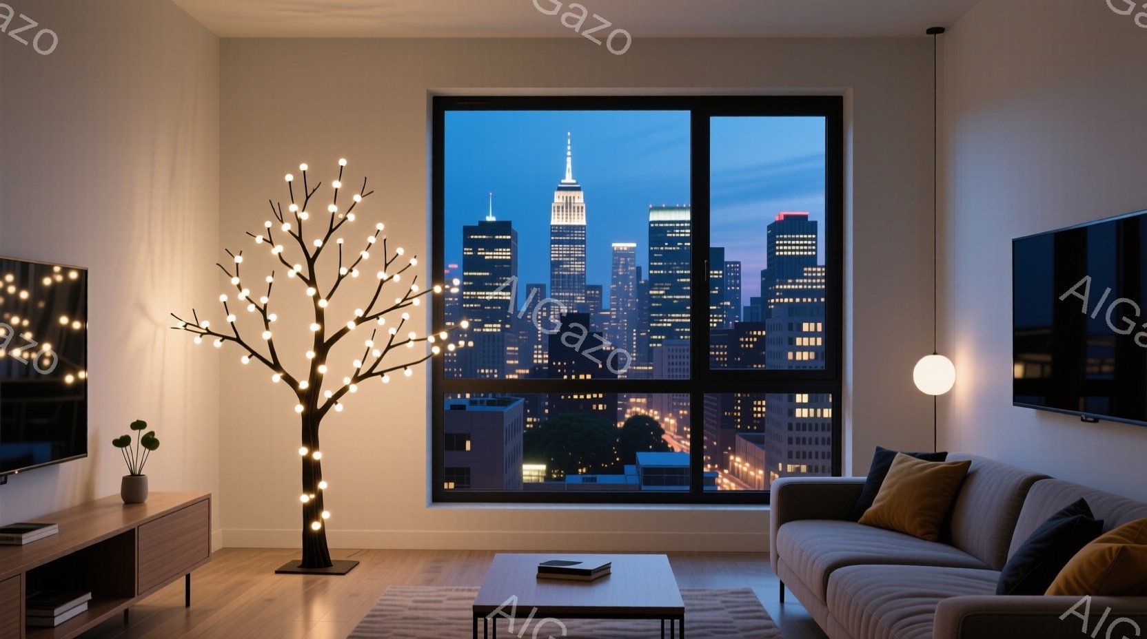 室内はモダンなリビングルームで、大きな窓からは夜のニューヨークのスカイラインが見える。部屋には、テレビ、ソファー、コーヒーテーブル、そして装飾的な光の木があり、全体的に暖かく落ち着いた雰囲気である。夜景は明るい光で輝き、部屋の穏やかな雰囲気を引き立てている。