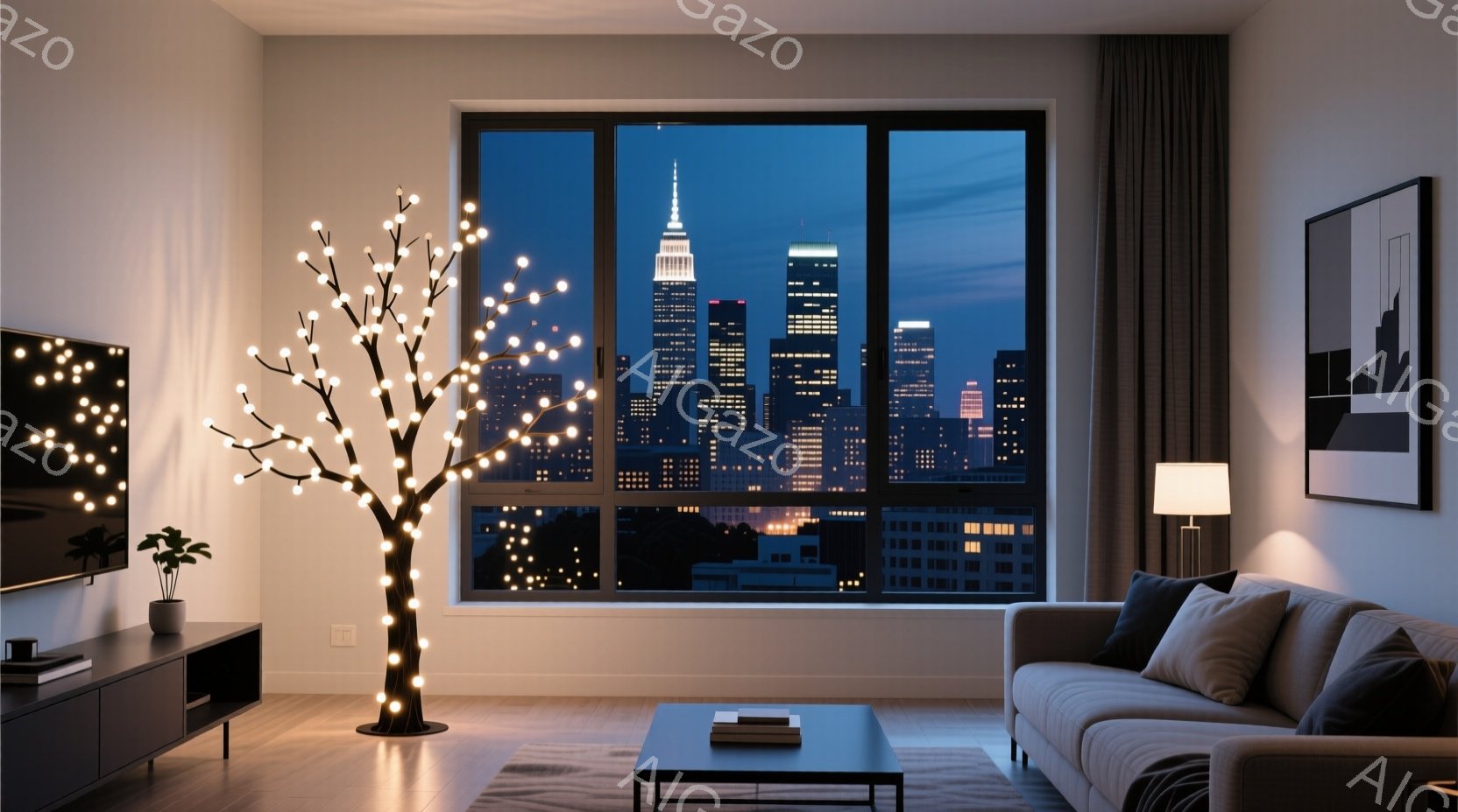 広々としたリビングルームは、夜景を見渡せる大きな窓が特徴的で、ニューヨークのスカイラインとライトアップされた建物が印象的です。部屋の中央には、電飾で装飾された木が設置され、暖かく居心地の良い雰囲気を醸し出しています。 シンプルでモダンな家具が配置され、全体的に洗練された落ち着いた空間を作り出しています。