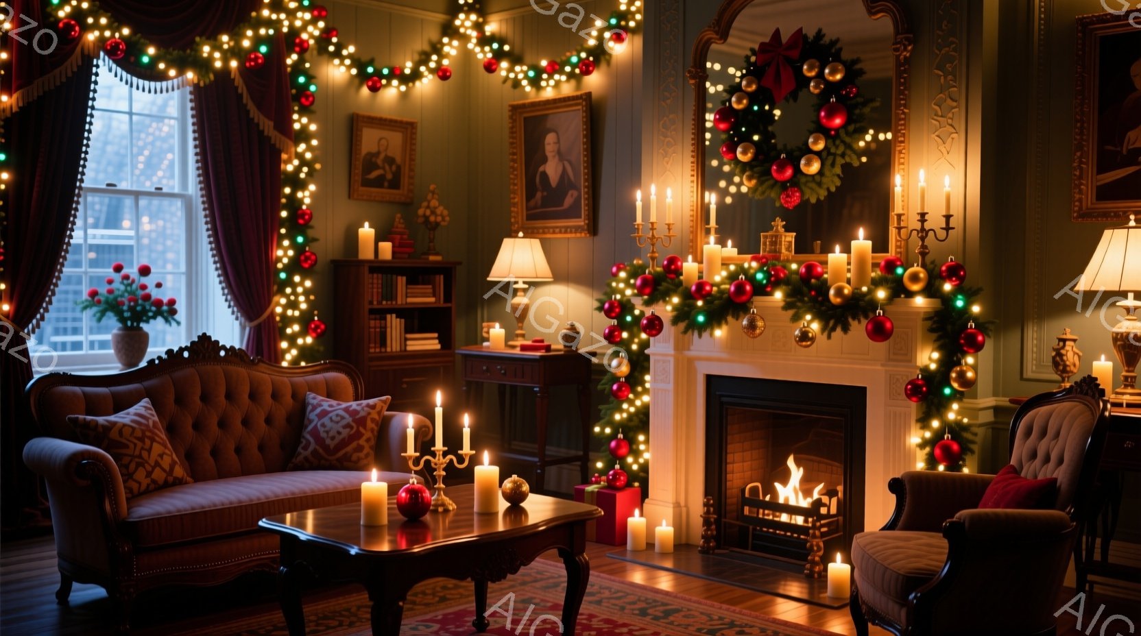 豪華な暖炉のある居間は、クリスマス装飾で彩られています。深紅のベルベットのソファと椅子、そして燃え盛る暖炉が、温かく居心地の良い雰囲気を醸し出しています。クリスマスツリーの飾りやキャンドルの灯りが、部 - AI生成フリー素材