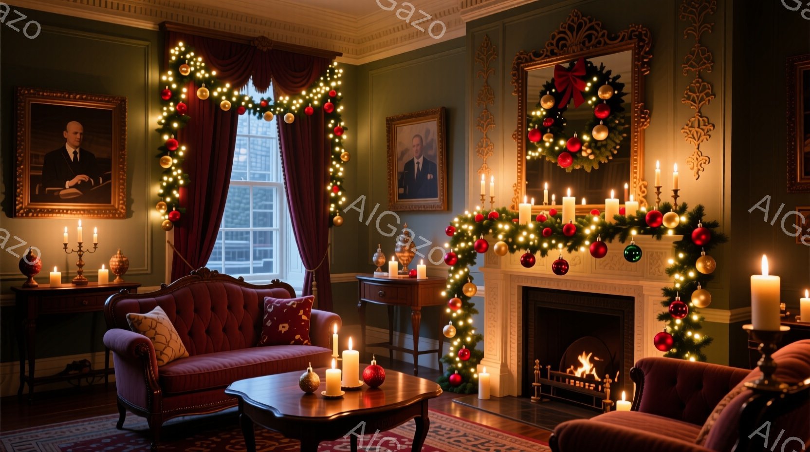 暖炉の周りと窓枠がクリスマス飾りの緑と赤いオーナメントで華やかに彩られた、趣のあるリビングルームです。赤いベルベットのソファと木製のコーヒーテーブルが配置され、部屋全体が温かい光で照らされています。暖 - AI生成フリー素材