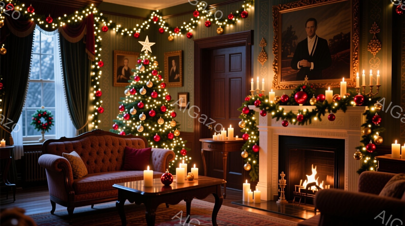 温かい光が差し込むダイニングルームには、木製のテーブルと椅子が配置され、クリスマスの装飾が施されています。壁には棚が設置され、様々な食器や装飾品が並び、窓にはクリスマスリースが飾られています。全体的に、暖かく居心地の良い、クリスマスの雰囲気が漂う空間です。