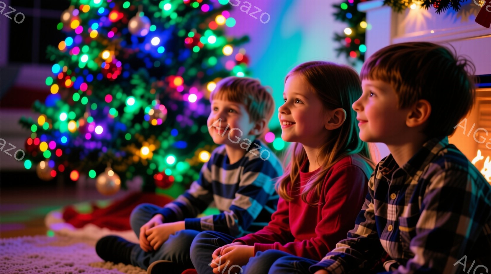 暖炉のそばに座ってクリスマスツリーを見上げる3人の子供たちが写っています。彼らはチェック柄のシャツとジーンズを着ており、それぞれが少し違った笑顔を浮かべています。背景には、色とりどりの電飾で飾られたク - AI生成フリー素材