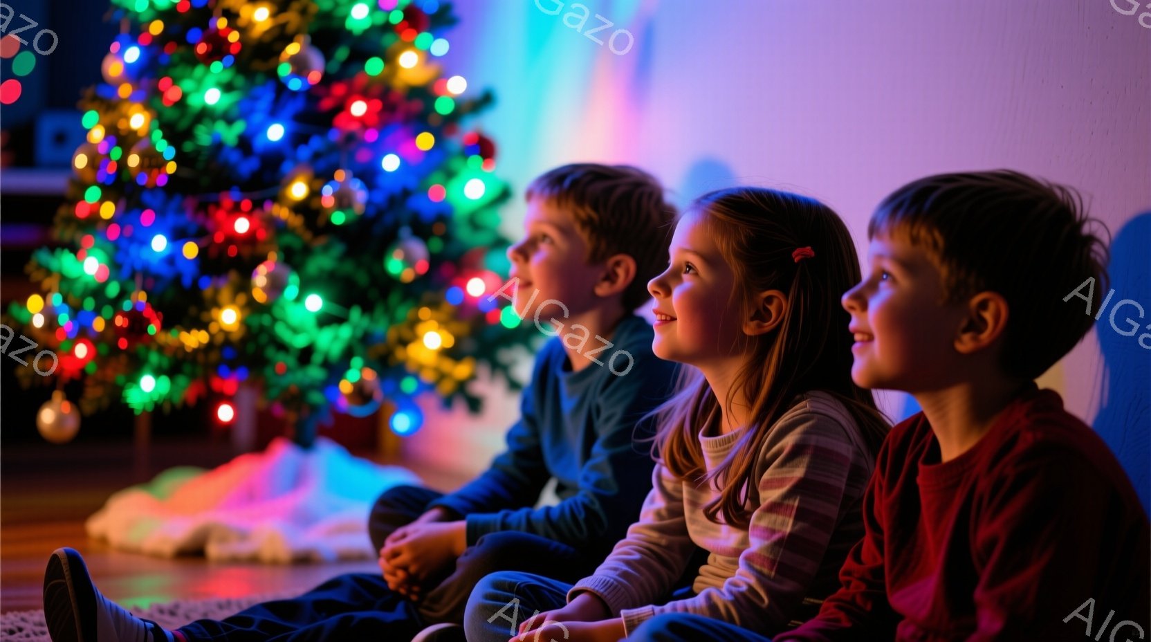 3人の子供たちが、色とりどりのクリスマスツリーを背景に床に座って何かを見上げています。彼らはそれぞれ、カジュアルな服装で、笑顔や期待に満ちた表情を浮かべています。背景は暗く、ツリーの光が暖かく、お祝い - AI生成フリー素材