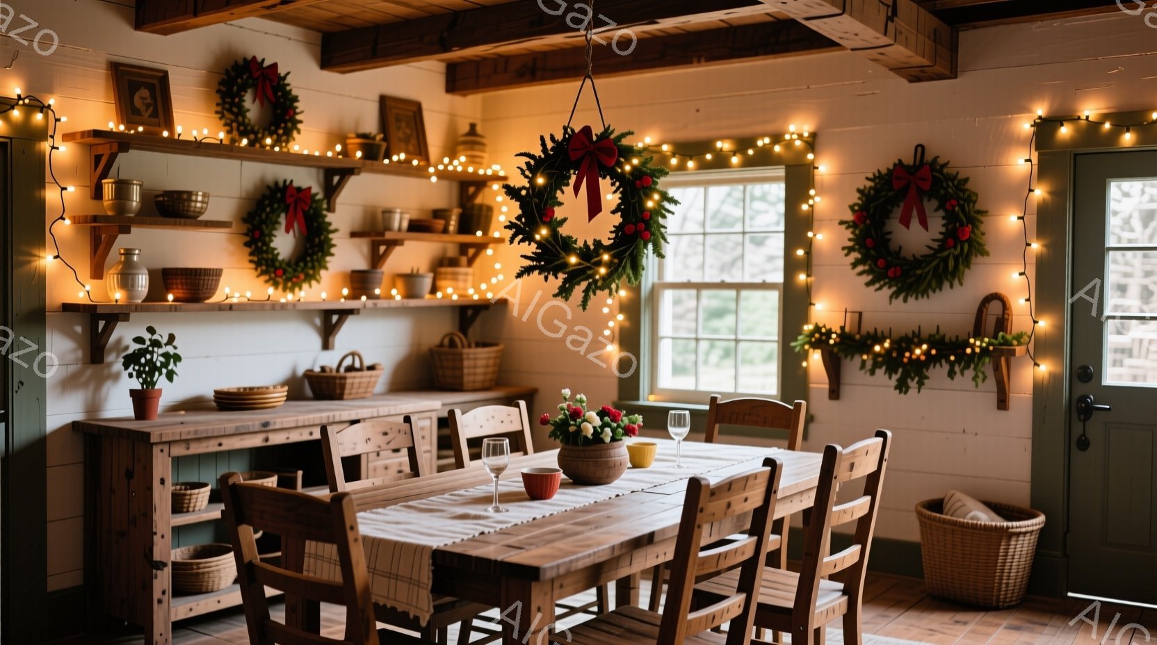 暖炉のあるダイニングルームは、クリスマスの飾り付けで温かく照らされています。木製のテーブルにはグラスと花瓶が置かれ、壁にはクリスマスリースやガーランドが飾られています。全体的に落ち着いた雰囲気で、温かい光が部屋全体を包み込み、クリスマスの祝祭感を醸し出しています。